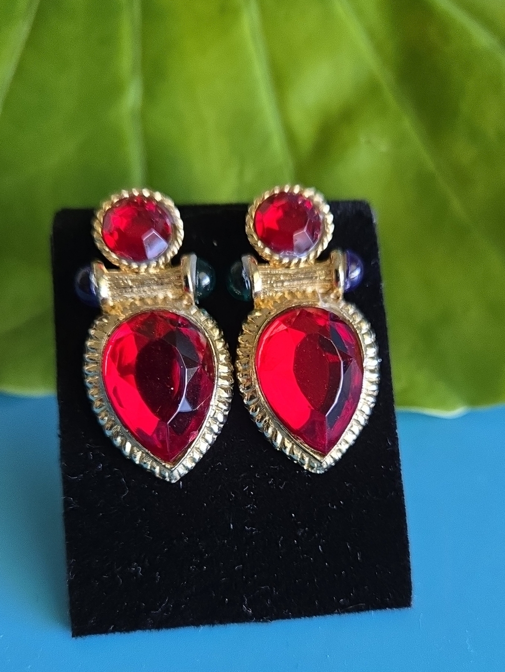 Avon Vintage Gold-Tone Earrings with Red Blue Teardrop and Round Fuax Stones